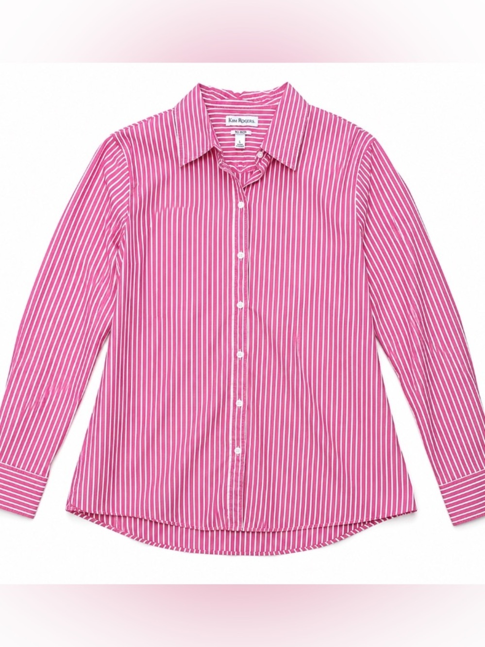 Kim Rogers • No Iron •Pink and White • Striped • Button-Up • Blouse • Size Large